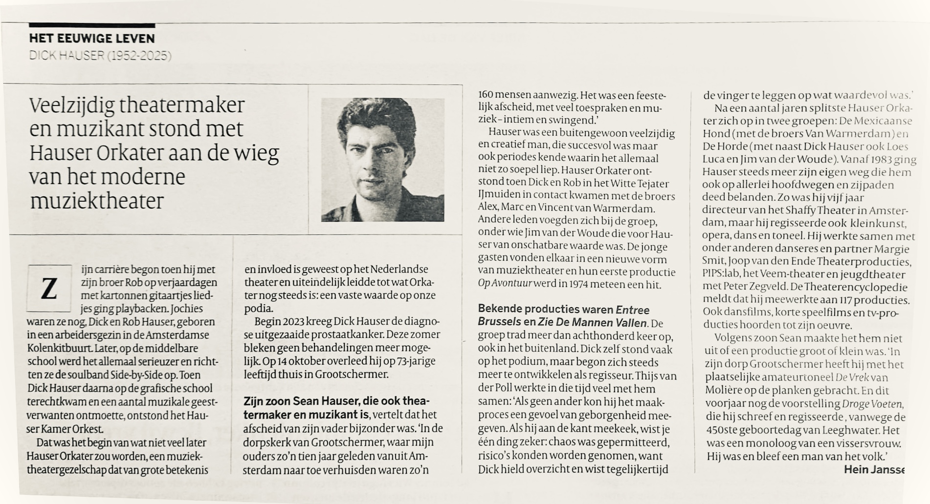 Krant artikel Volkskrant Dick Hauser